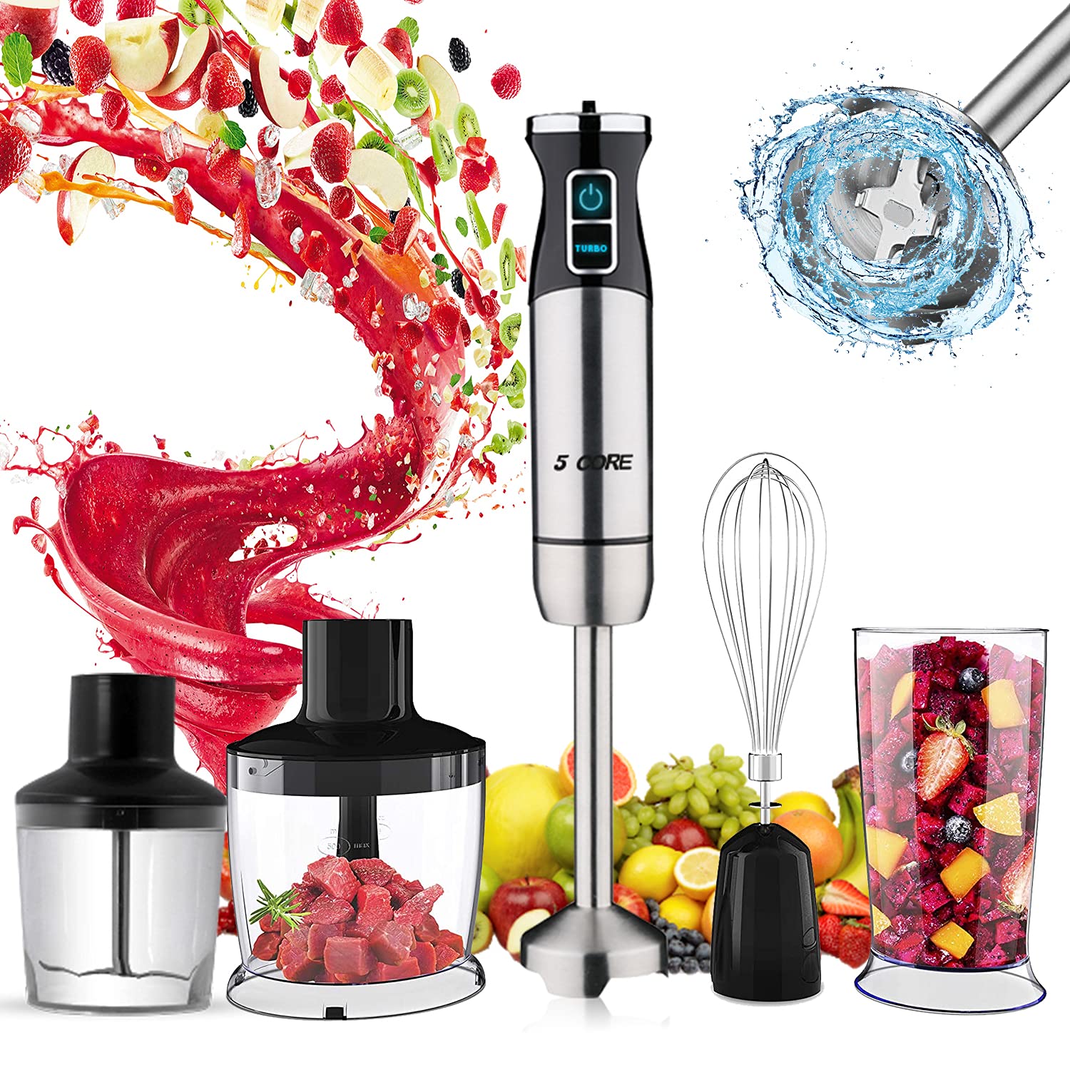 5 Core 5-in-1 Immersion Hand Blender, Powerful 500W Motor, 8 Speed Settings, BPA-Free Milk Frother, Smoothies, Egg Whisk, Puree Infant Food, Sauces & Soups
